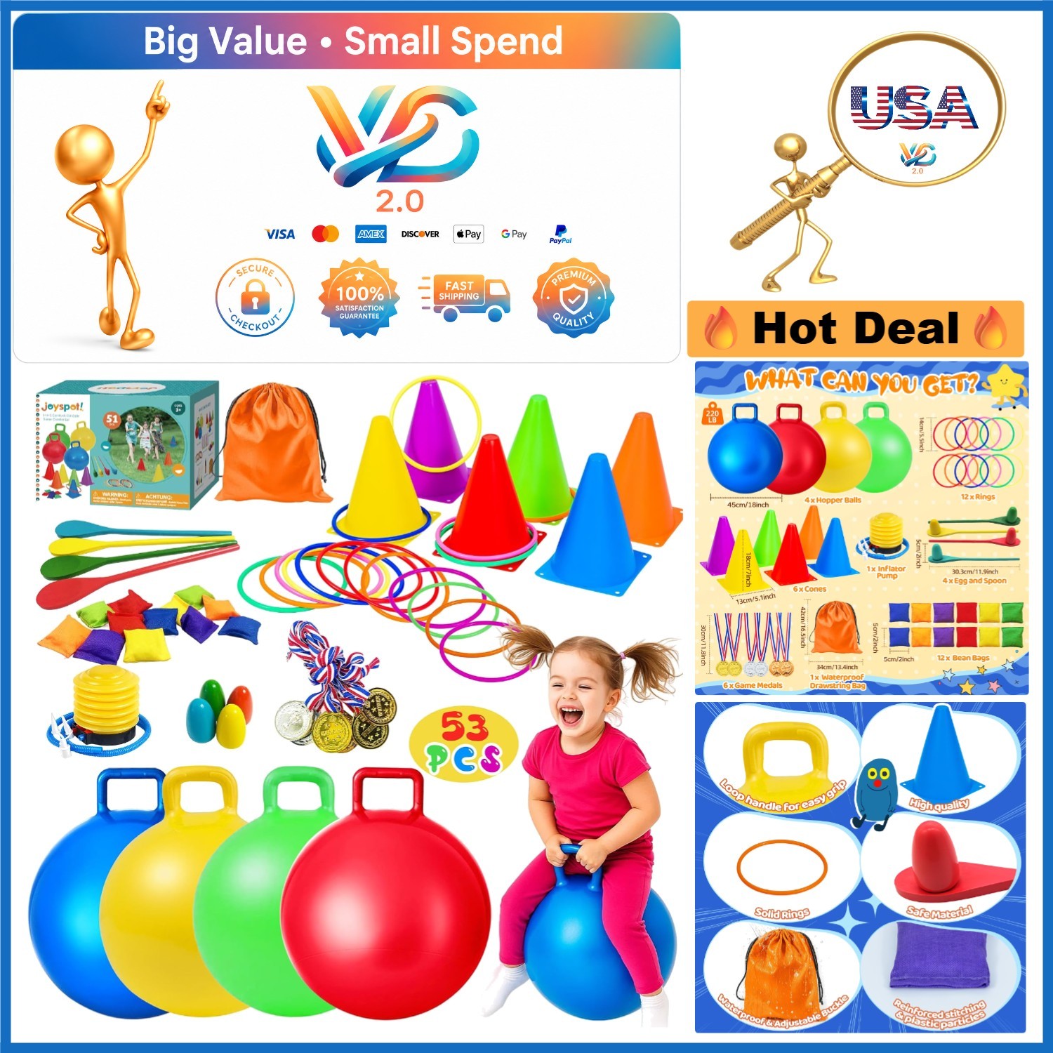 53pcs Carnival Outdoor Games Set for Kids Backyards Parties Blue Red Yellow