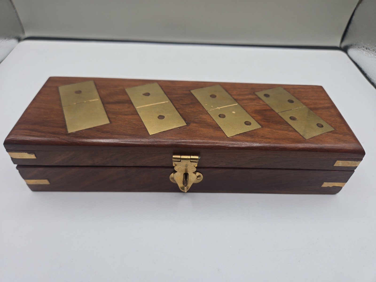 Double Six Wood Dominoes Set w Brass Inlays in Wooden Case With Latch Rare!