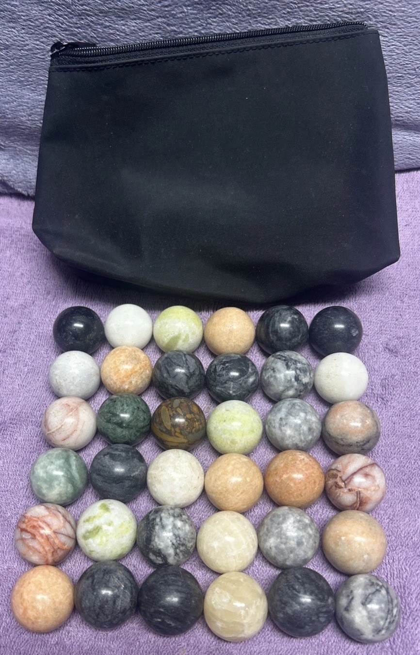 Vtg Semiprecious Stone Marble Solitaire Game 36 1” Stone Marbles 16” Board