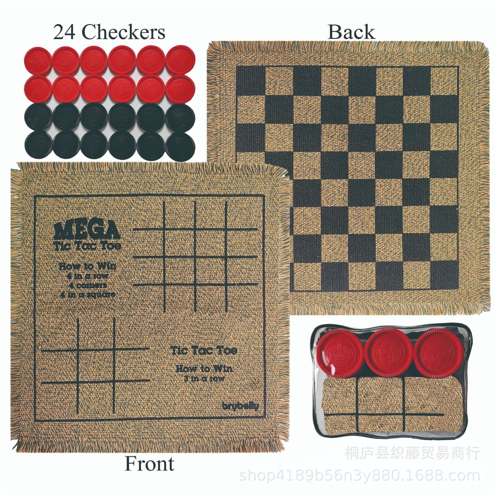 3 in 1 Giant Checkers Game Set,Super Tic Tac Toe,Including Reversible Rug wit..