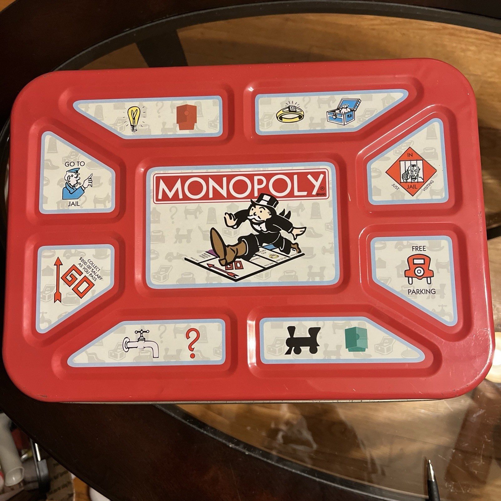 Vintage Hasbro Monopoly Popcorn Tin Toy Chest 1998 Large 13.5×9.25×7.5″‘