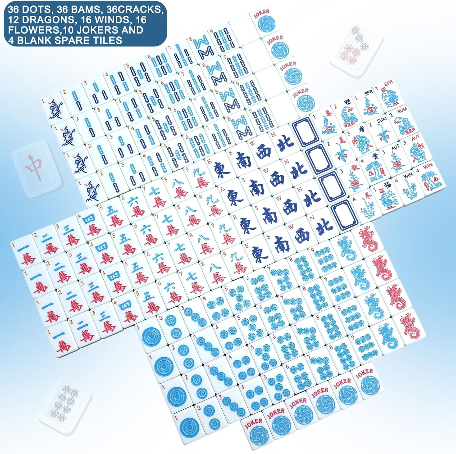 American Mahjong Tile Set, 166 Blue Tiles, 4 All-In-One Rack/Pushers, Complete W
