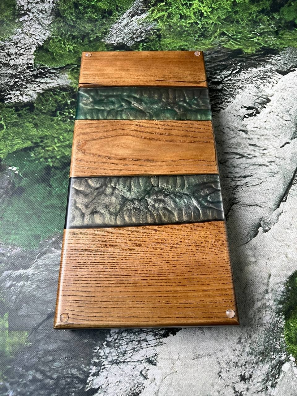 Green Epoxy River Backgammon Set | Natural Wood Luxury Game Board 50×50 cm