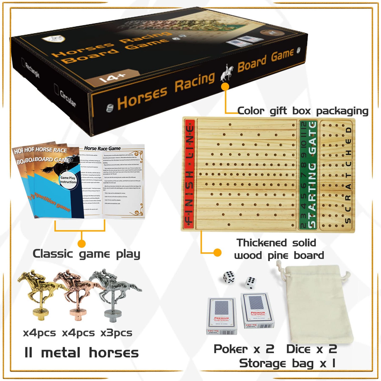 Horse Race Board Game Racing Game Thickened Solid Wood with 11 Luxurious Dura…