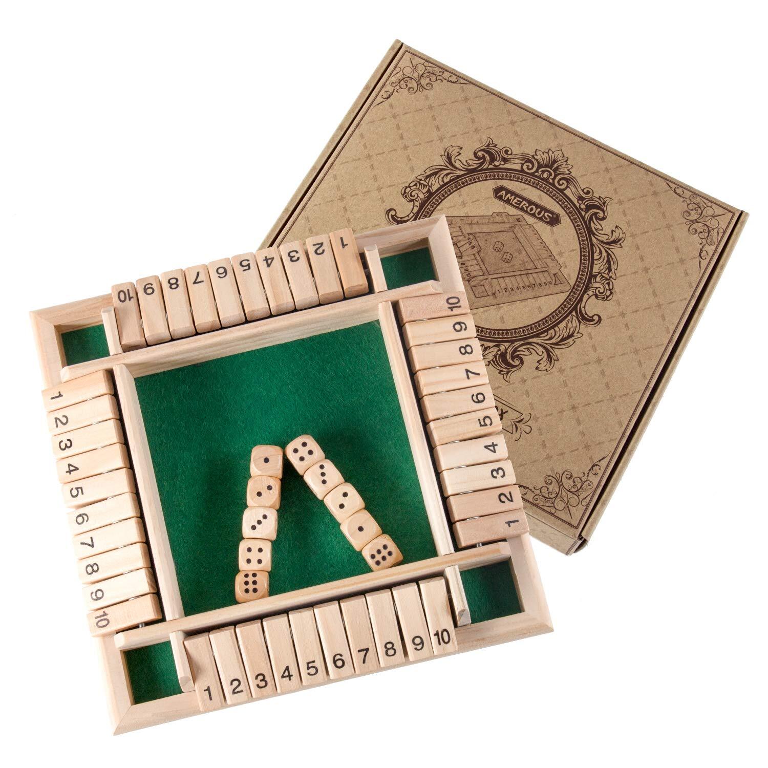 1-4 Players Shut The Box Dice GameClassic 4 Sided Wooden Board Game with 10 D…