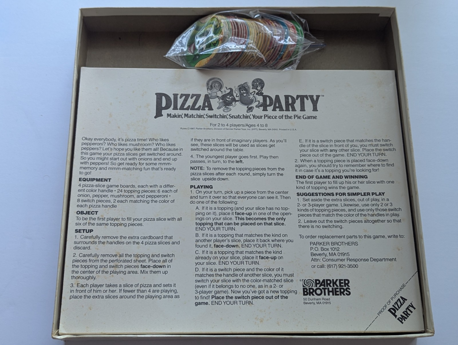 Pizza Party Board Game, Parker Brothers, Complete, 1987