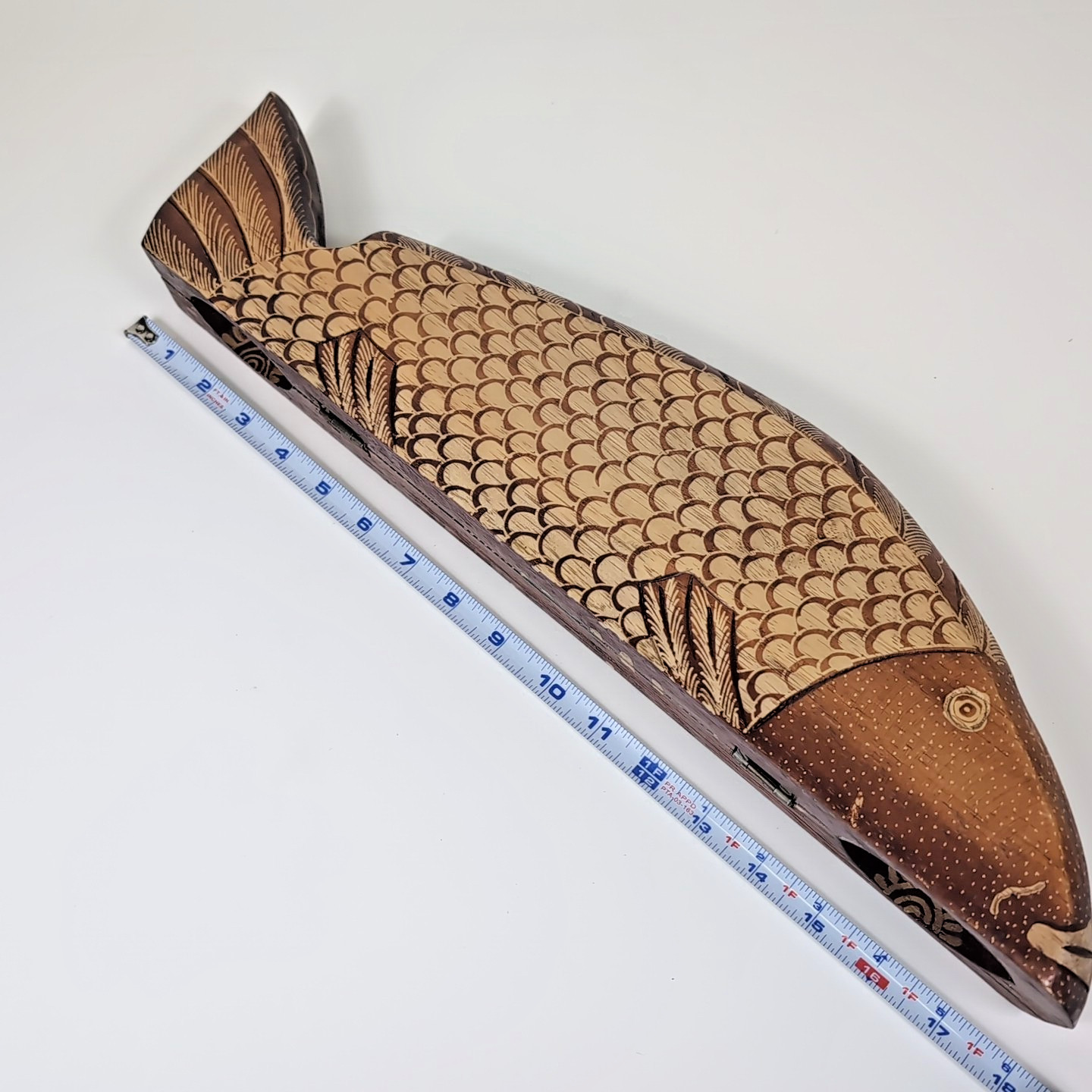 VTG Handmade Painted Fish Mancala Board Wood Shell Kalah Dakon Congklak Folk Art