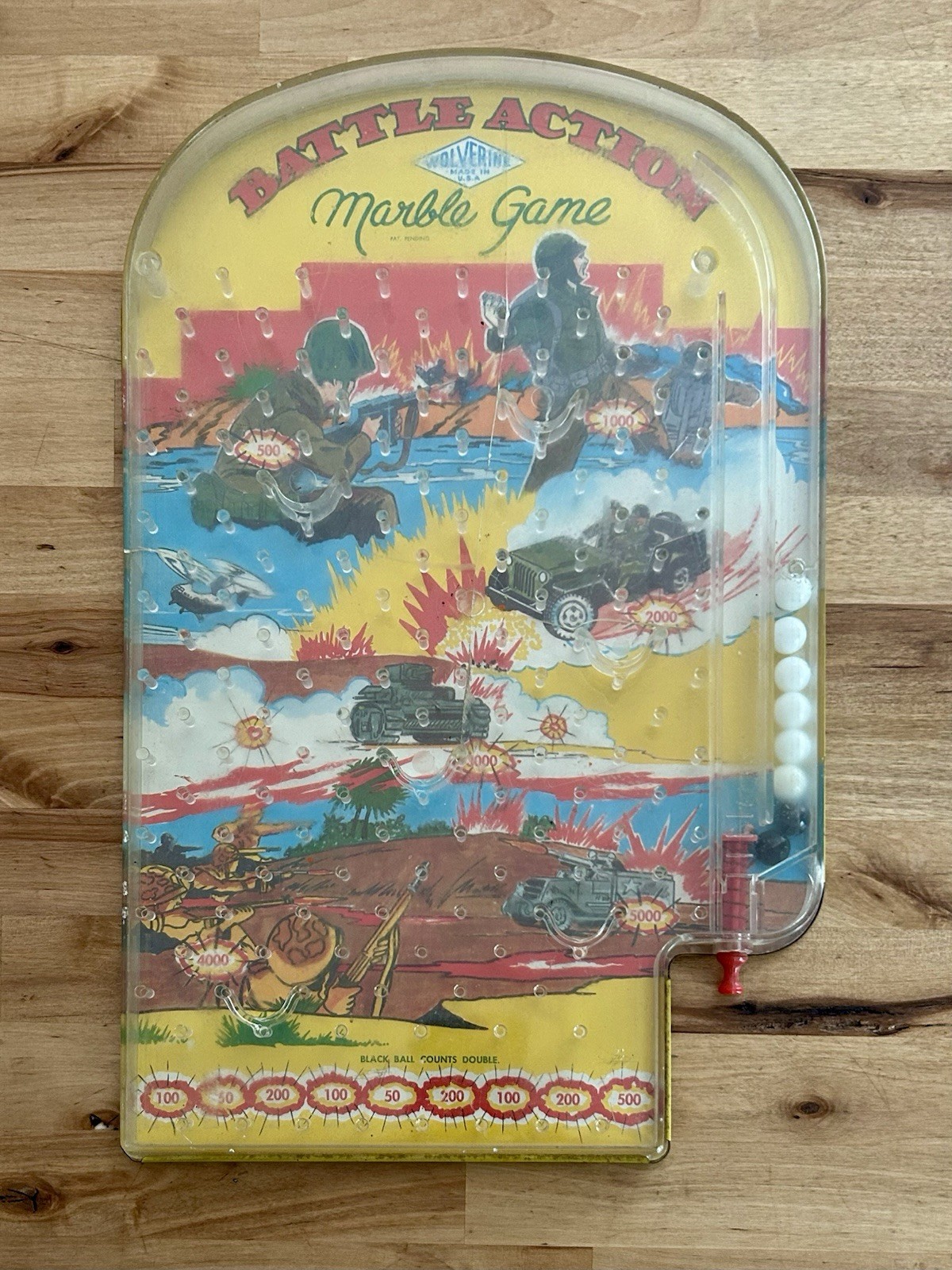 VTG 50’S Wolverine Toys BATTLE ACTION MARBLE GAME Tabletop Pinball 16” x 10”