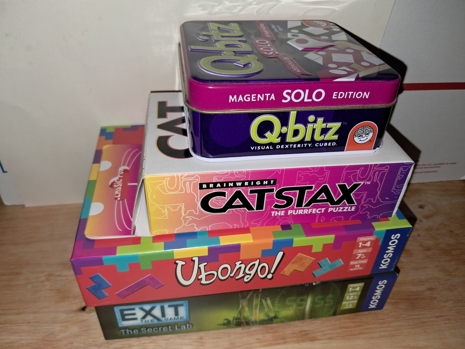 Lot 4 Brain Teaser Puzzle Games Ubongo,Cat Stax,Q-bitz & Exit 1+ Player Complete