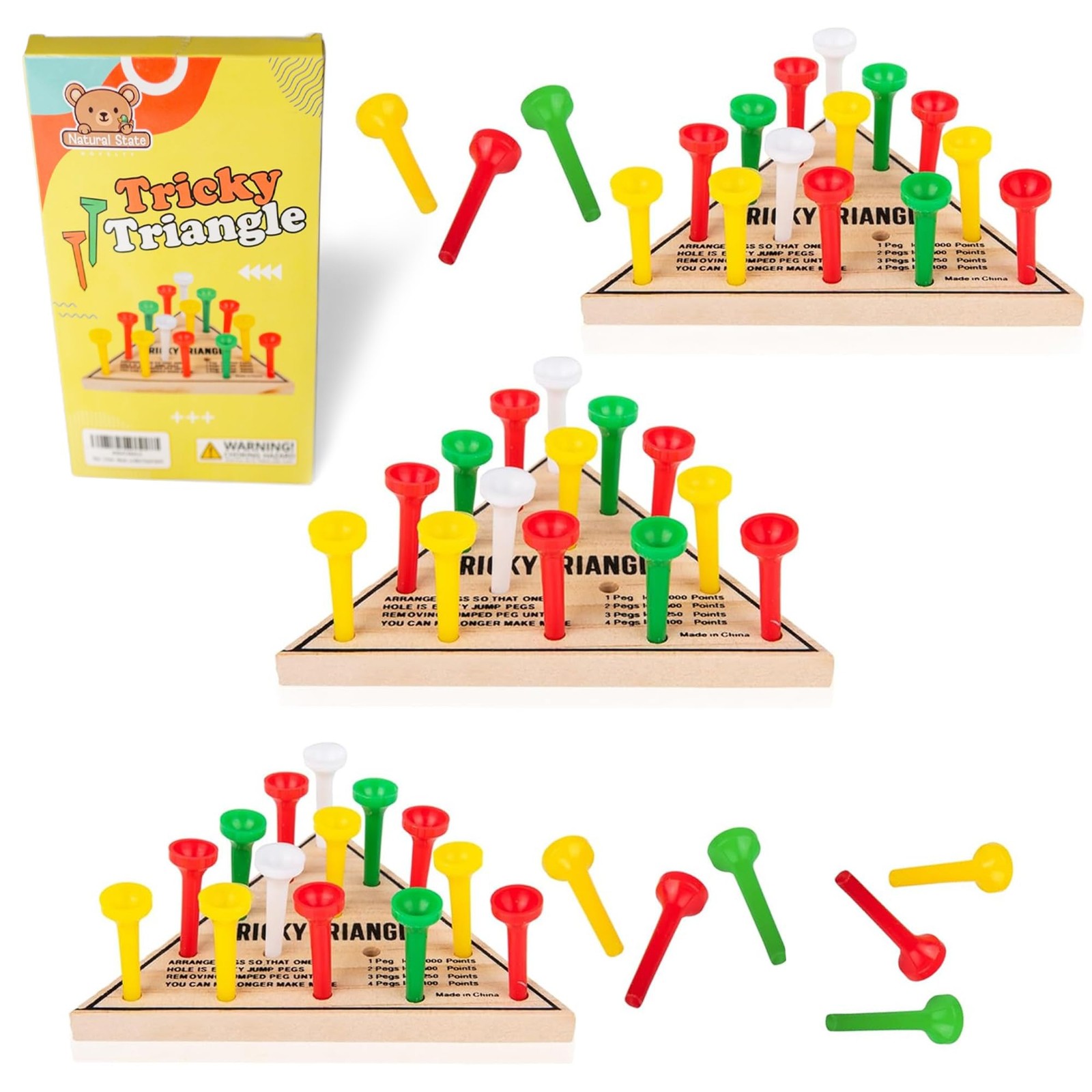 3 Pack – Wooden Triangle Peg Board Game – Retro Mini Travel Game