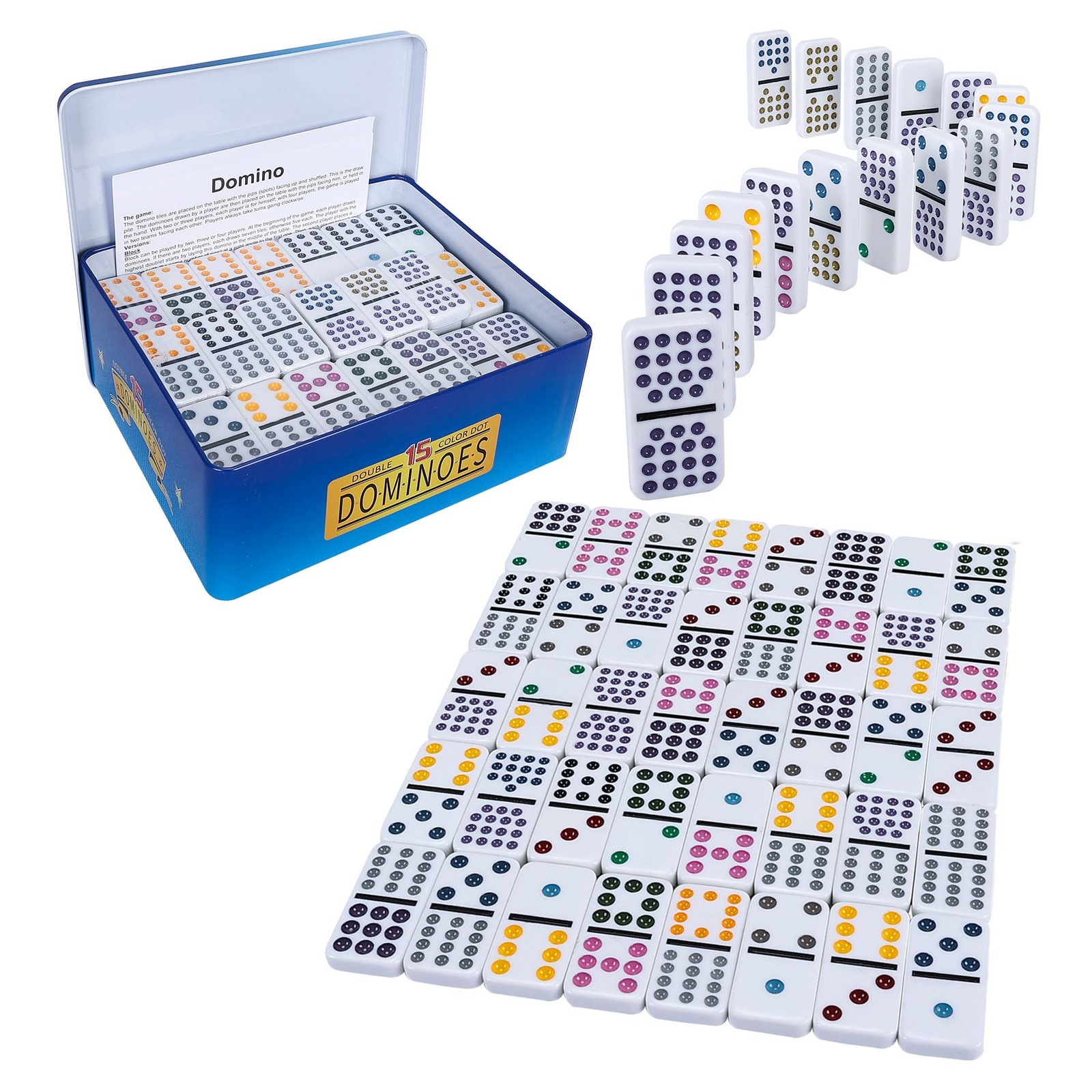Double 15 Dominoes Set for Adults – Classic 136 Tiles Colored Dots Double Fif…