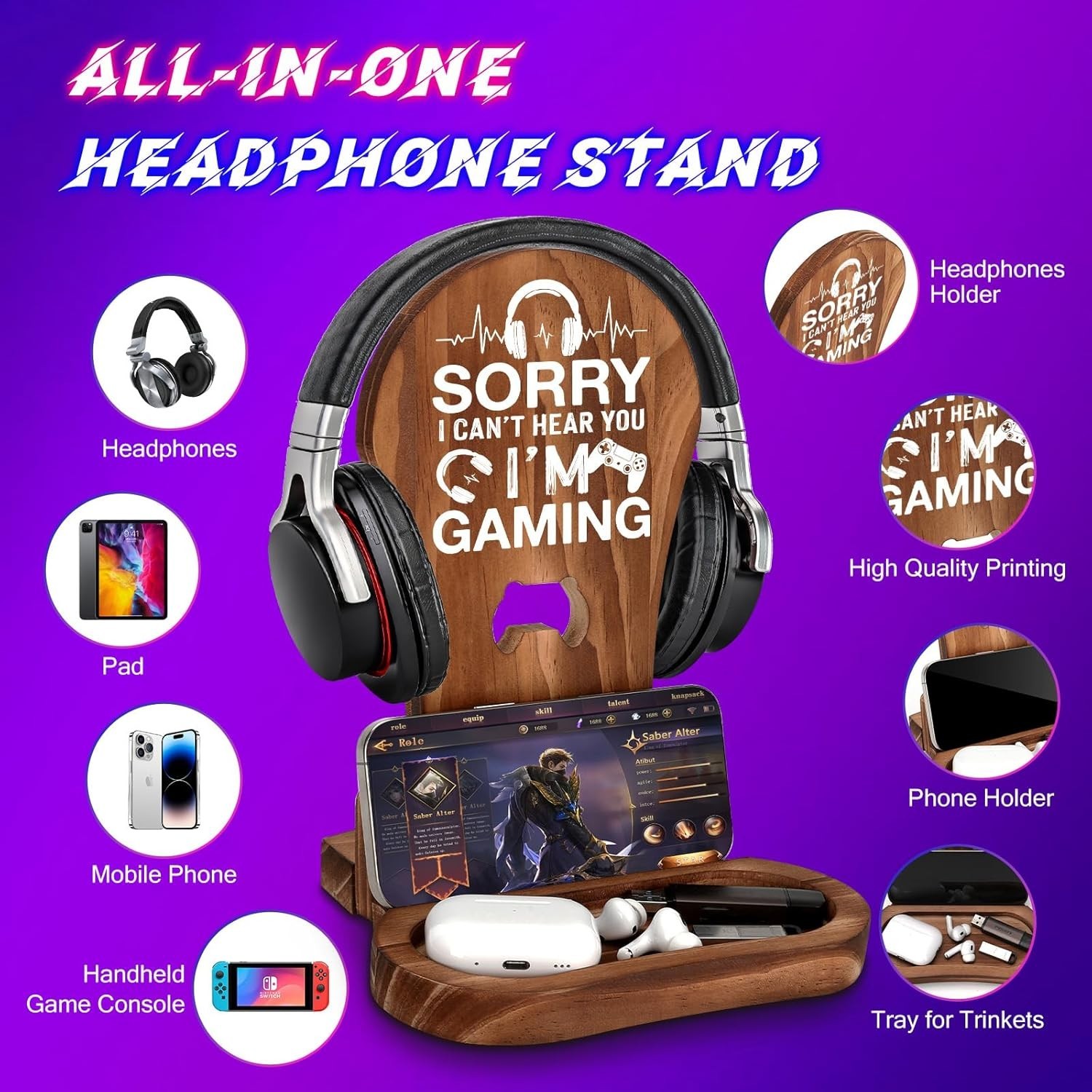 Multi-Functional Gamer Decor – Wooden Headset Stand for All Gaming Setups