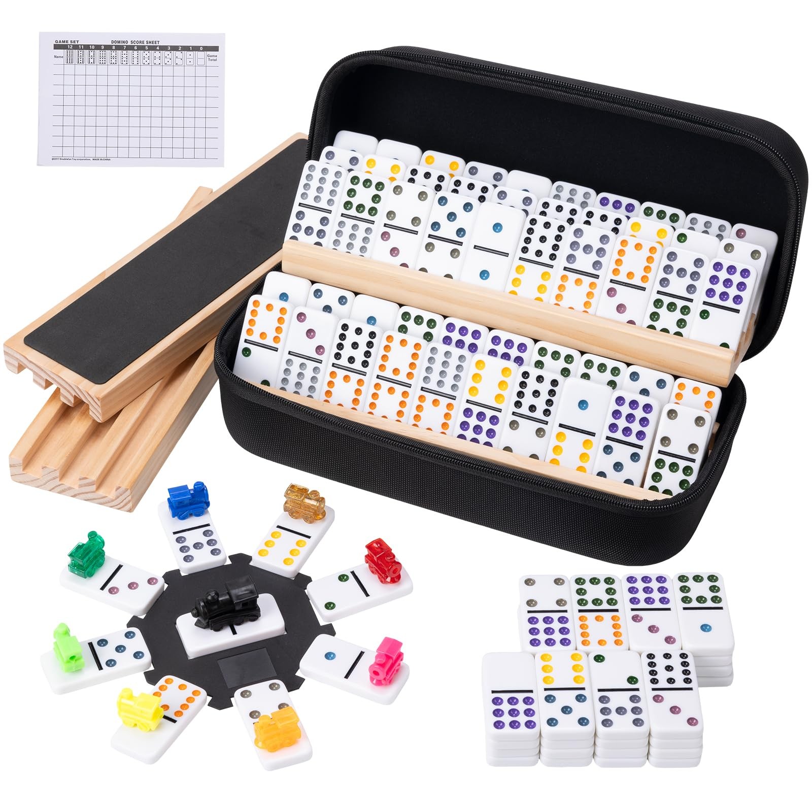 Mexican Train Dominoes Set with 4 Wooden Racks, Double 12 Dominos Game with 9…