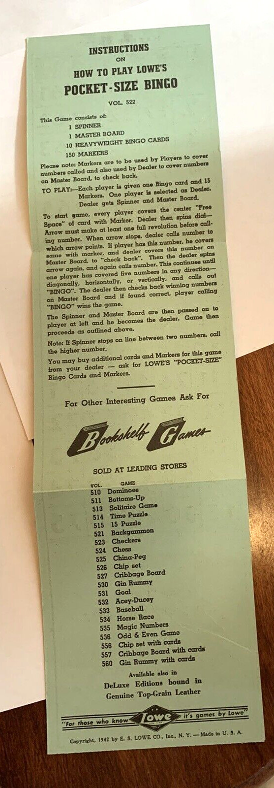 Vintage Lowe’s Pocket Size Bingo Vol. 522 wood markers, vintage bingo game