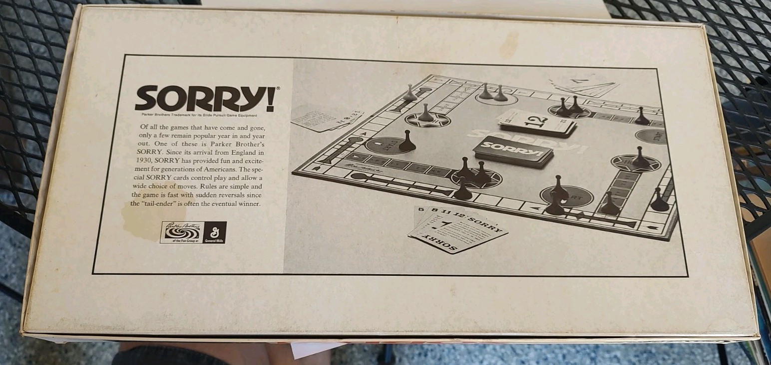 Vintage Sorry! Board Game Complete Classic Parker Brothers Hasbro 1972 Edition
