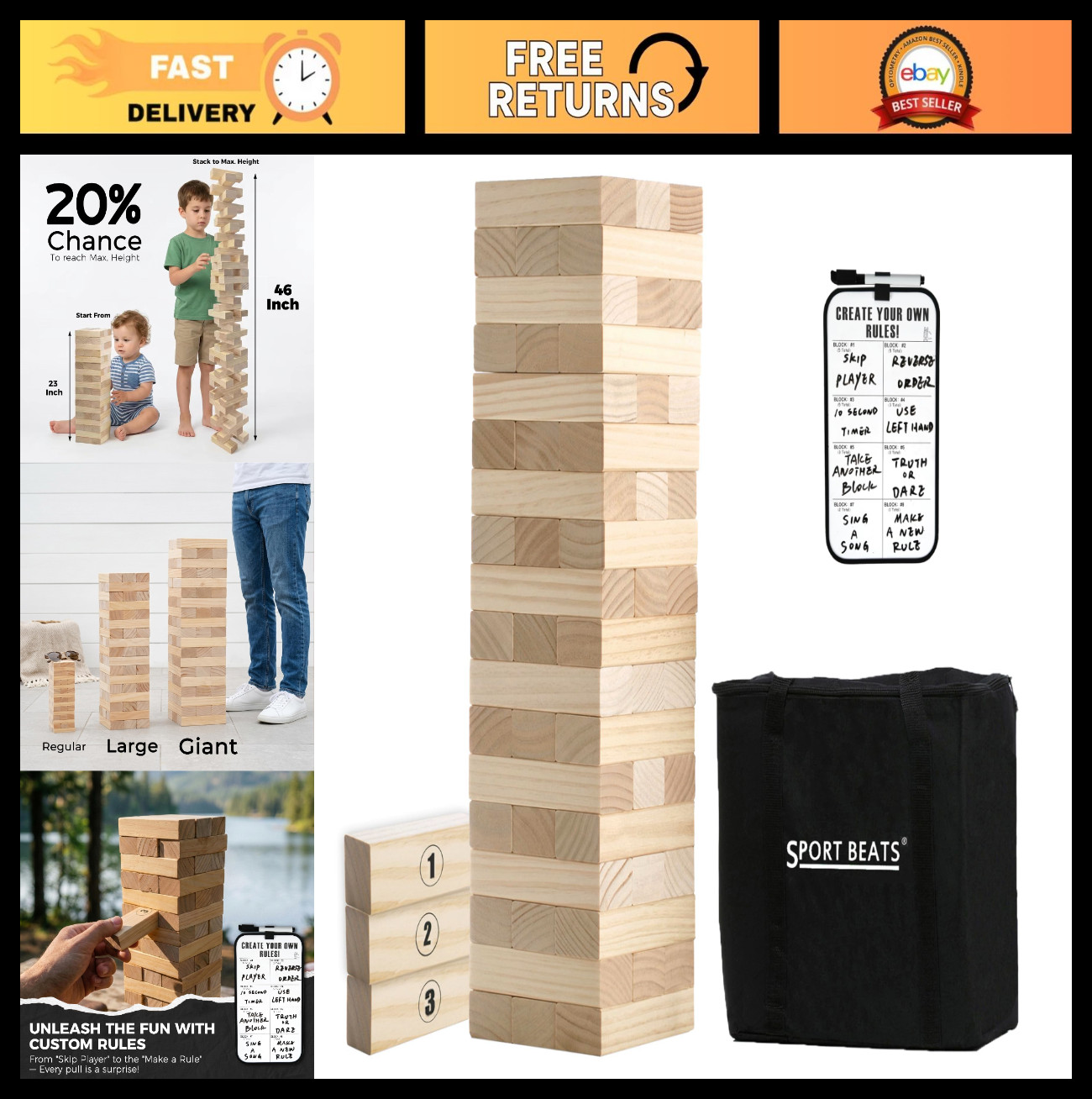 Large Wooden Tower Stacking Game – 54 Pine Blocks, 4FT, Carry Bag & Rules – Outd