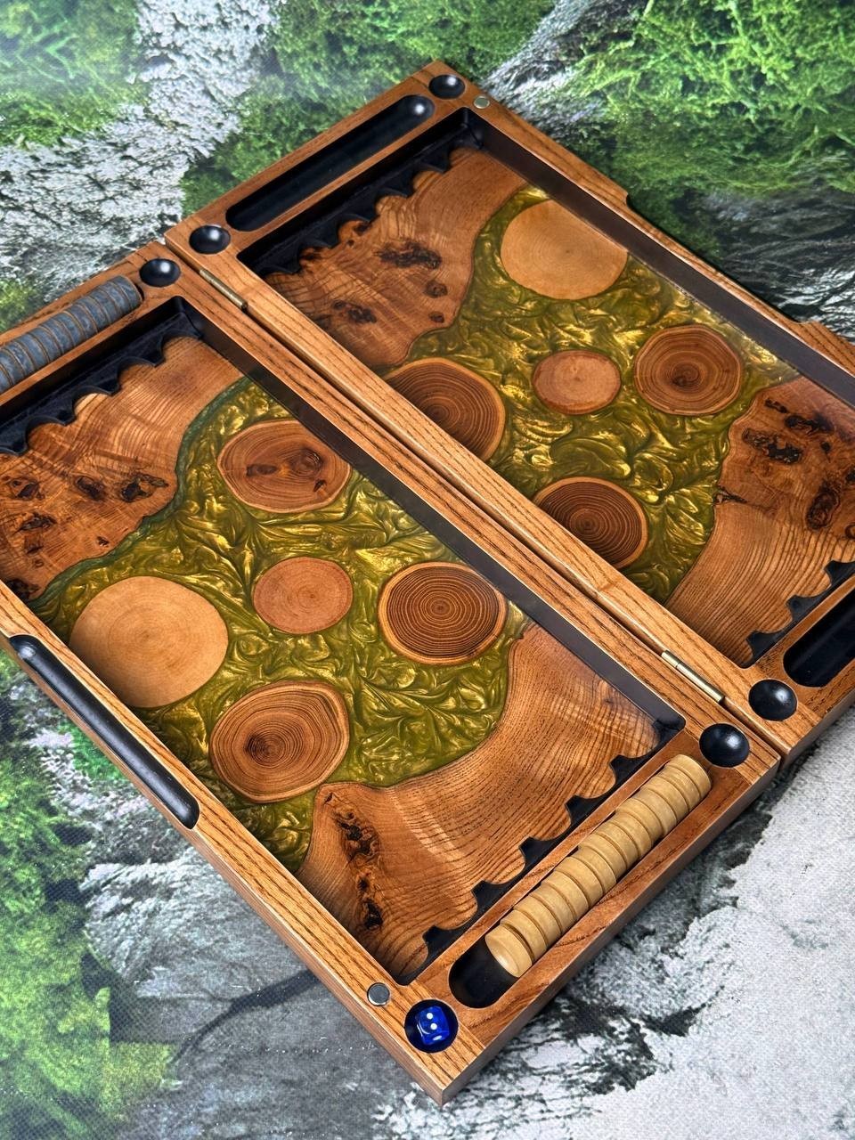 Handmade Wood Epoxy Resin Backgammon Board | Natural Grain Game Set 50×50 cm
