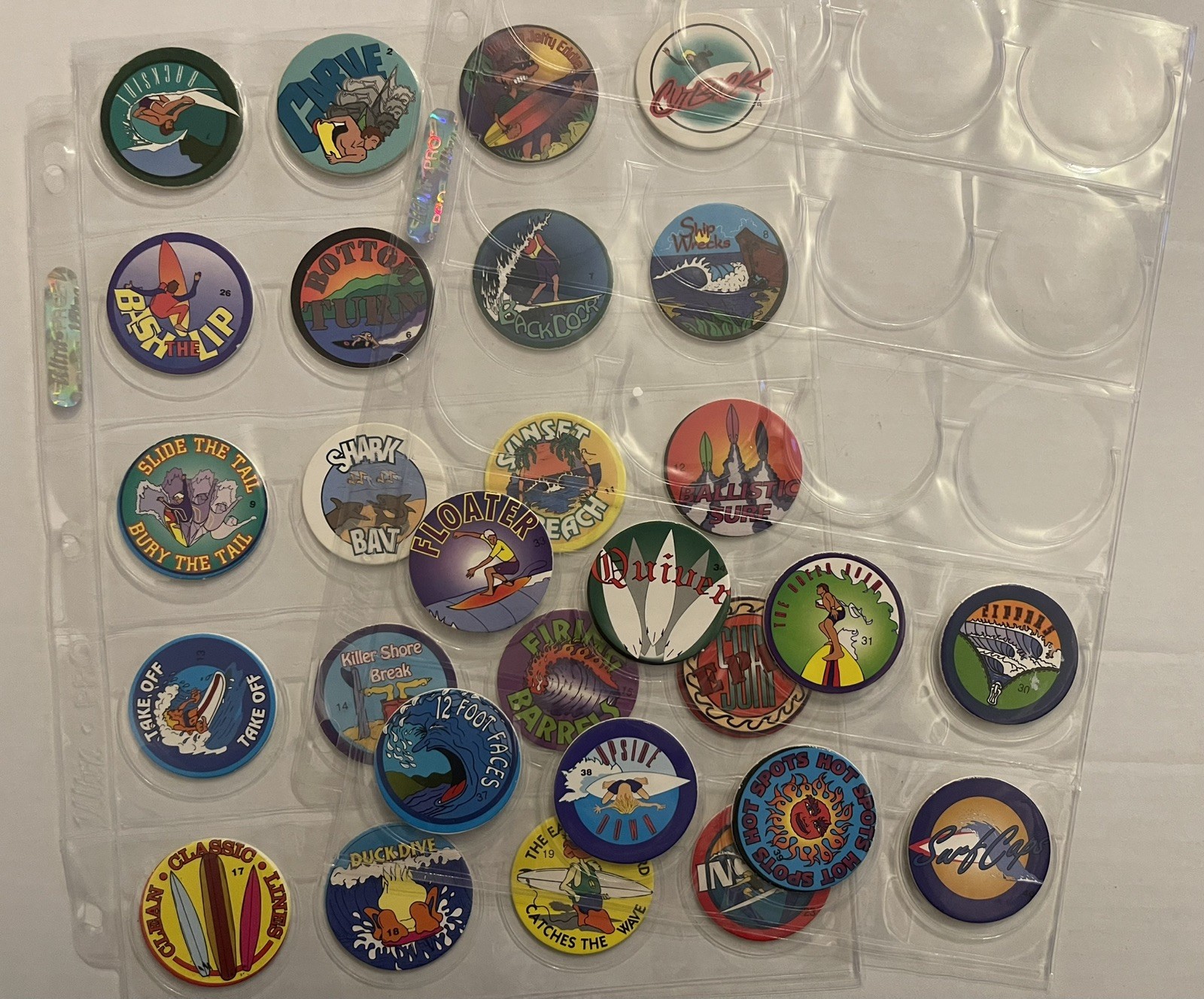 Vintage 90s Pog Milk Caps Lot of 28 SURF THEME Collectible Game + 2 Pages