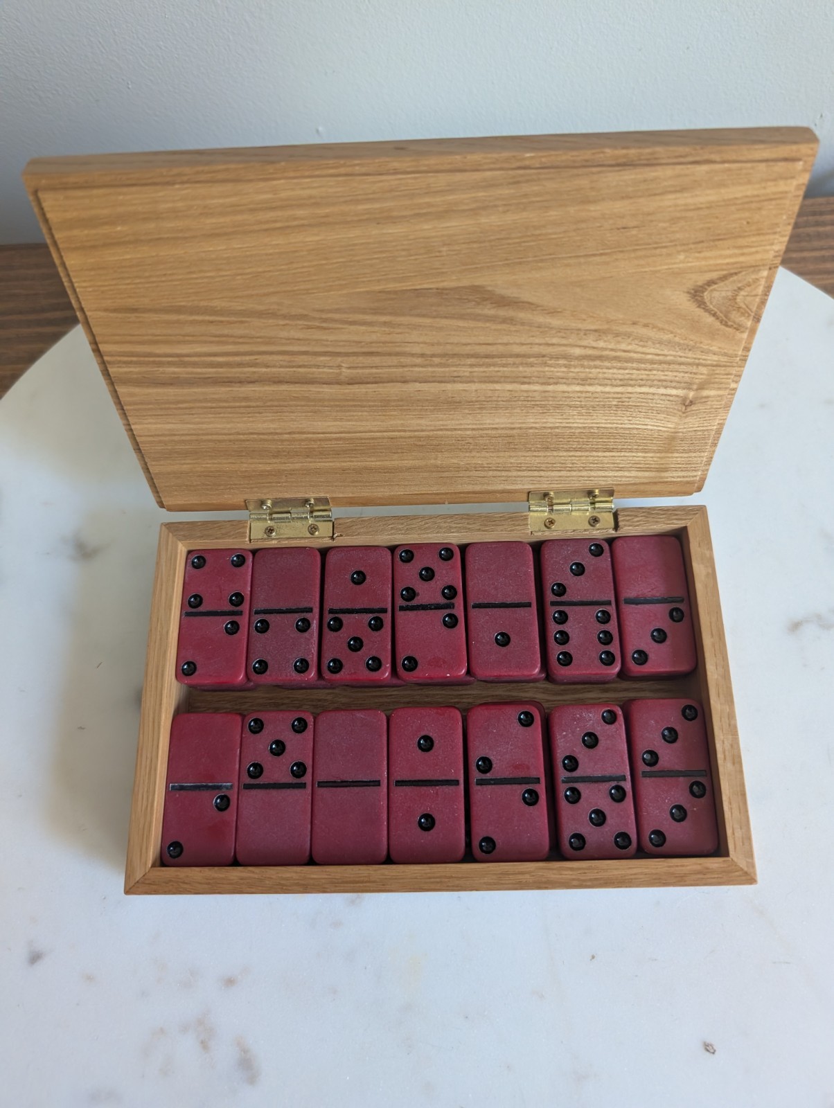 Dominoes Set 28 Tiles in Handmade Wood Storage Box Scorpion Inlay Lid
