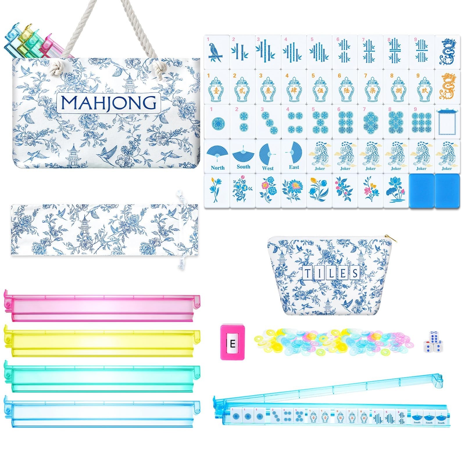 Ceenna 271 Pcs Chinoiserie American Mahjong Tiles Set, 160 Blue Tiles Mah Jon…