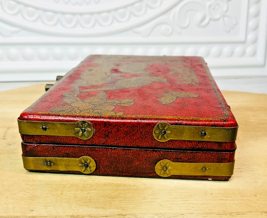 Vintage Chinese Lacquer Domino Set 28 Tiles Brass Box Birds Bamboo Asian Decor