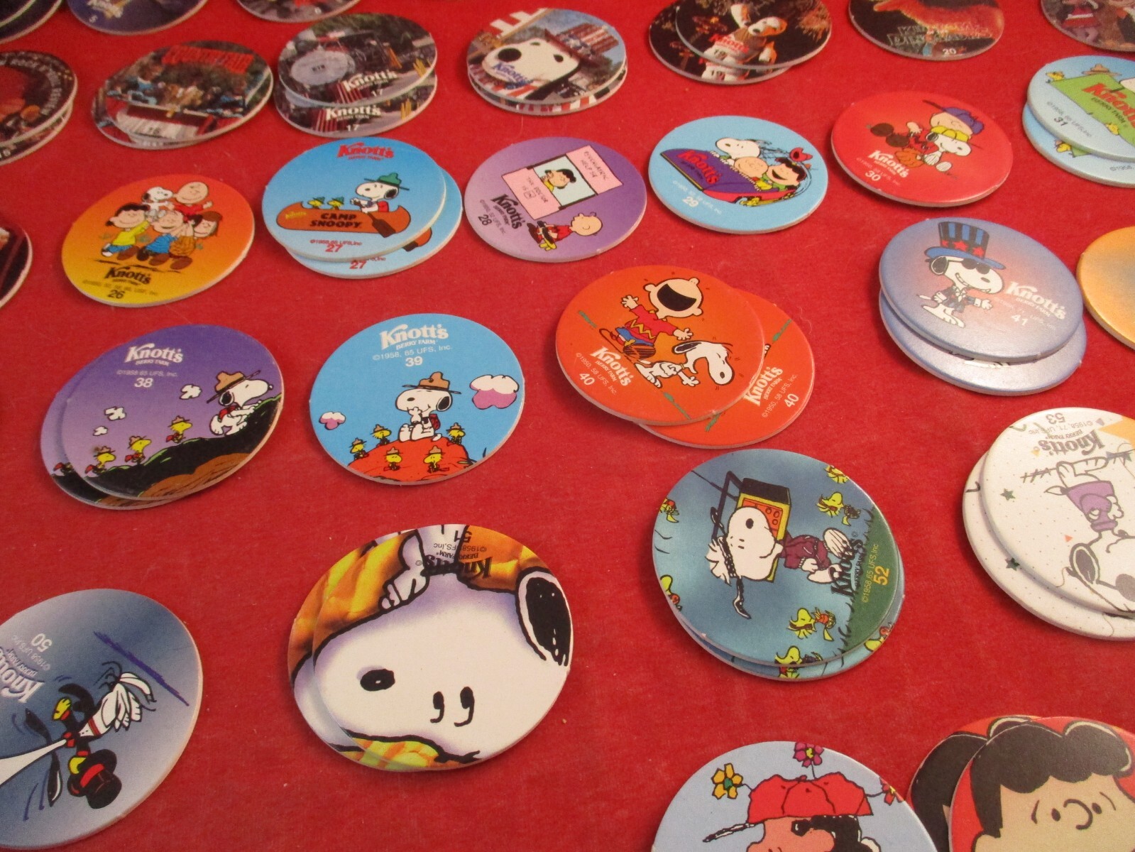 Set of 75 Knott’s Berry Farm Pog Rides & Peanuts Charlie Brown Snoopy w/Slammers