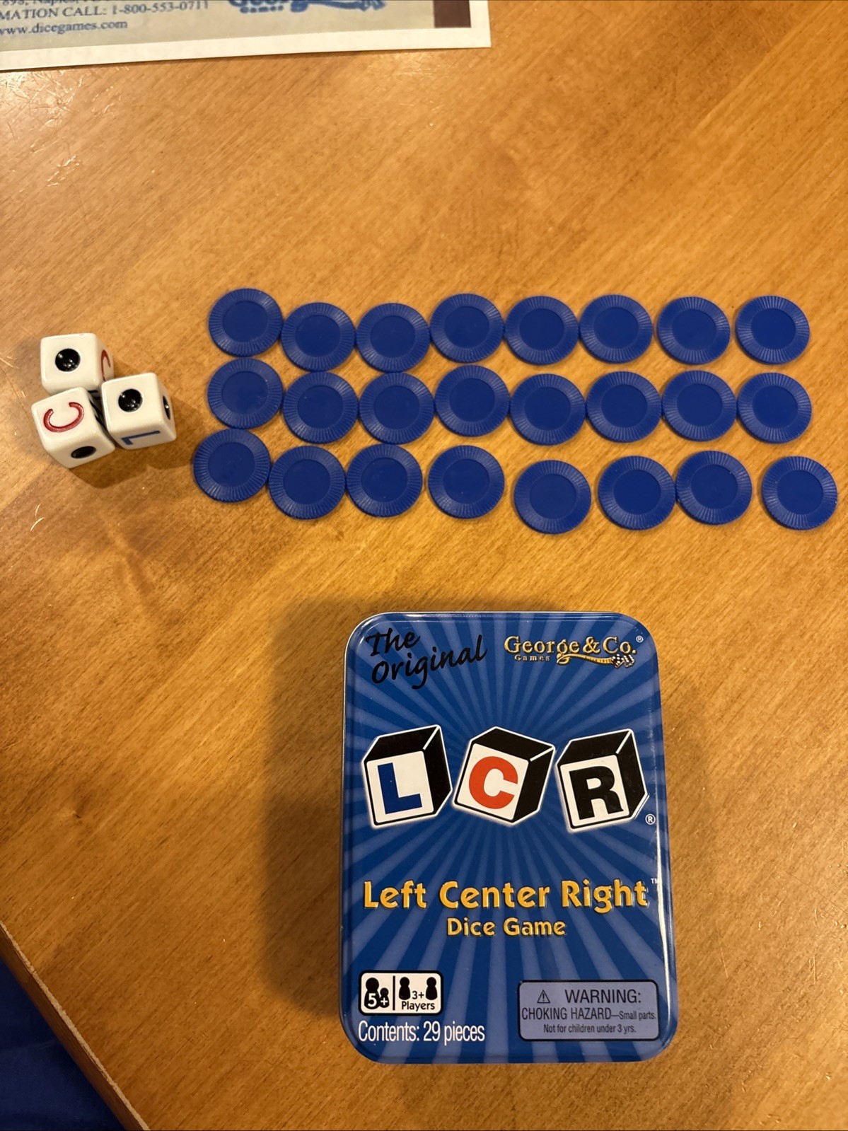 LCR Left Center Right Dice Game by George and Company Complete