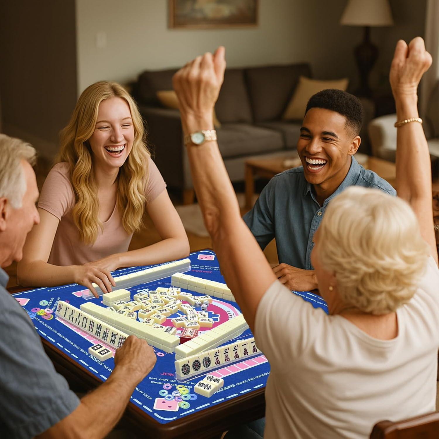 American Mahjong Tiles Set, 166 White Tiles Game with Noise Reducing Mahjong Mat