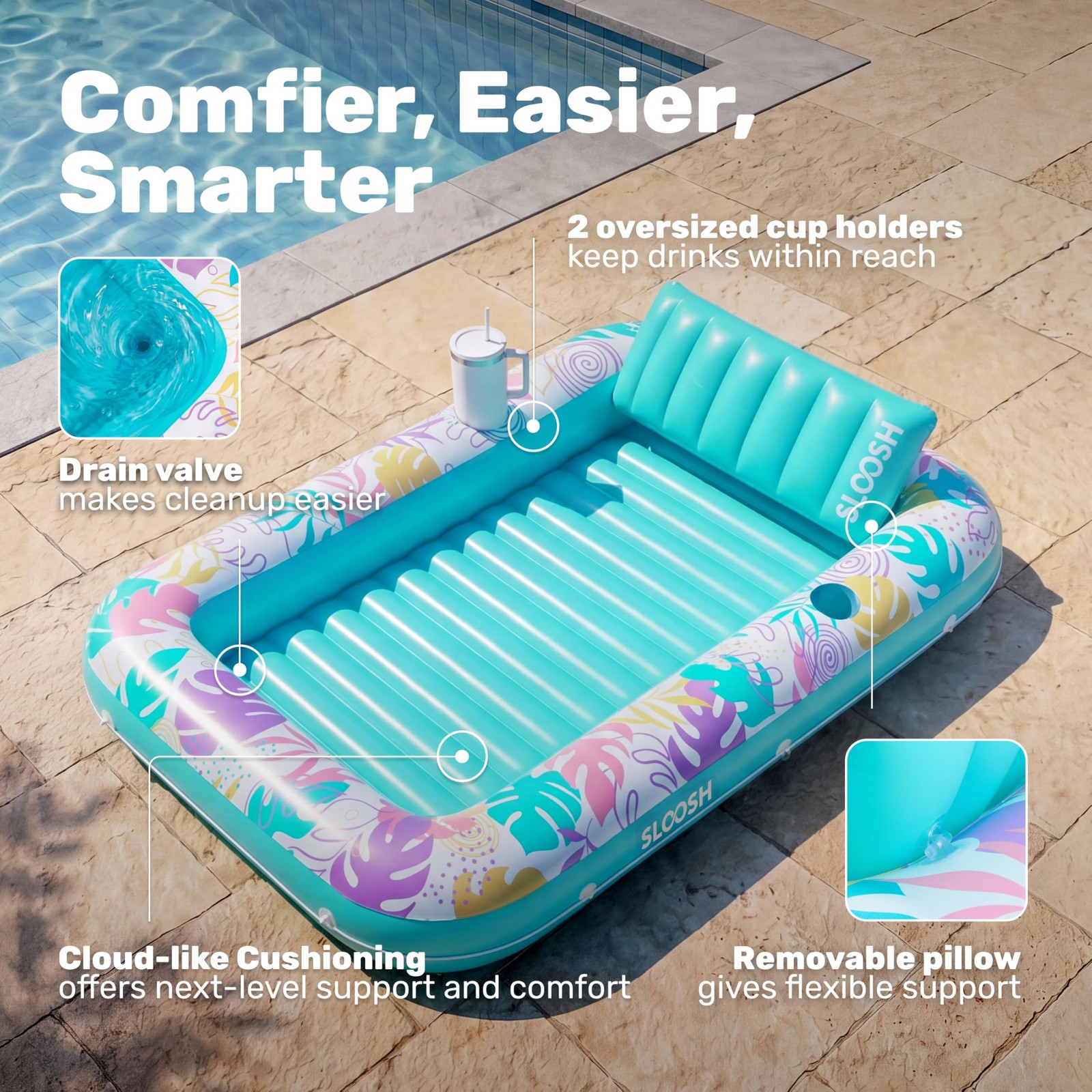 Inflatable Pool Float Lounger 70 x 46 4 in 1 Tanning Bed Large SLOOSH Floats