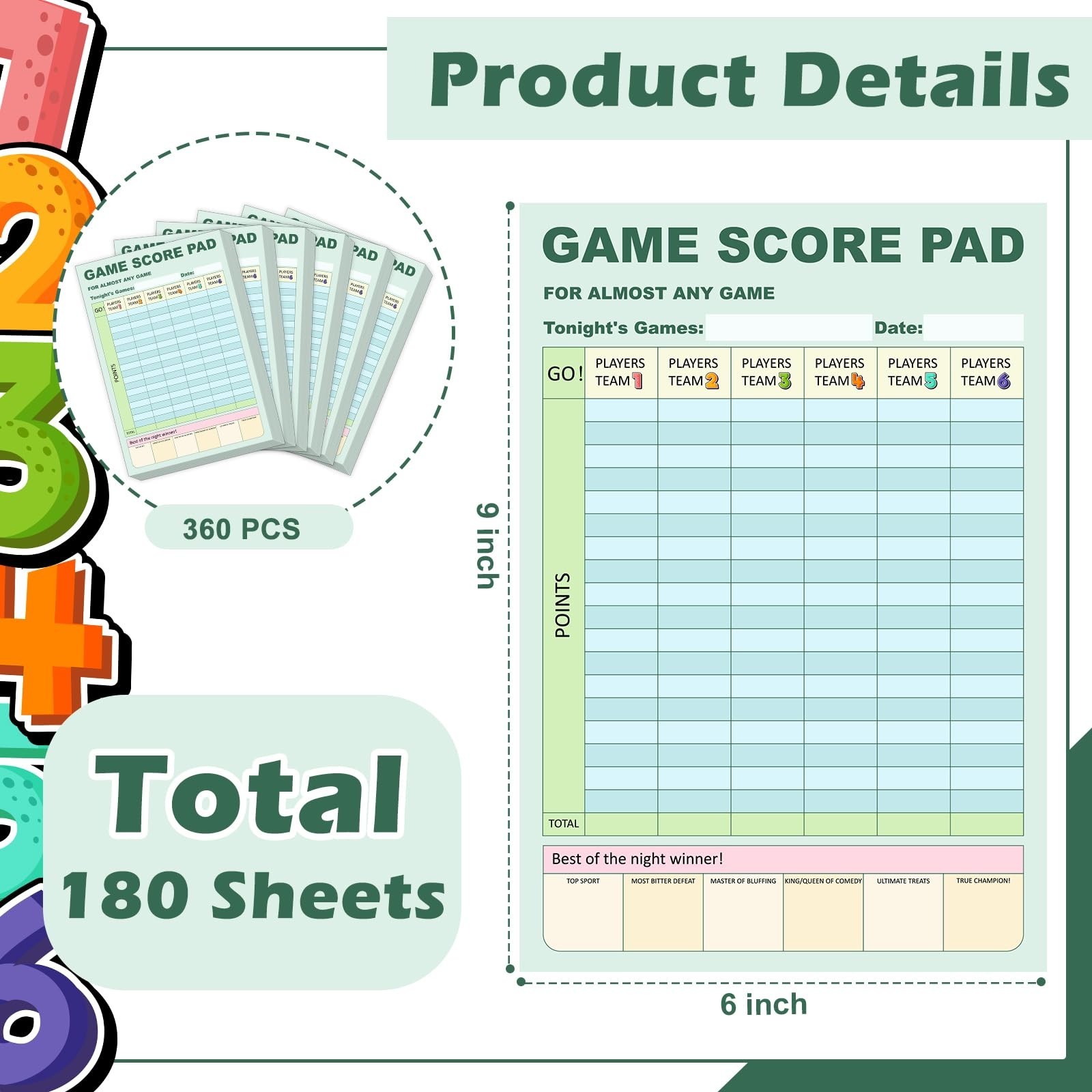 30/90/180 Sheets Double-Sided Game Score Pads – 6×9 Inch Score Tracker for Famil