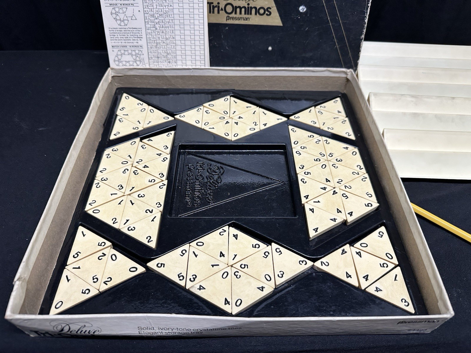 Deluxe Tri-Ominos Vintage 1978 Pressman Game Ivory Tone Crystalline Tiles 4423
