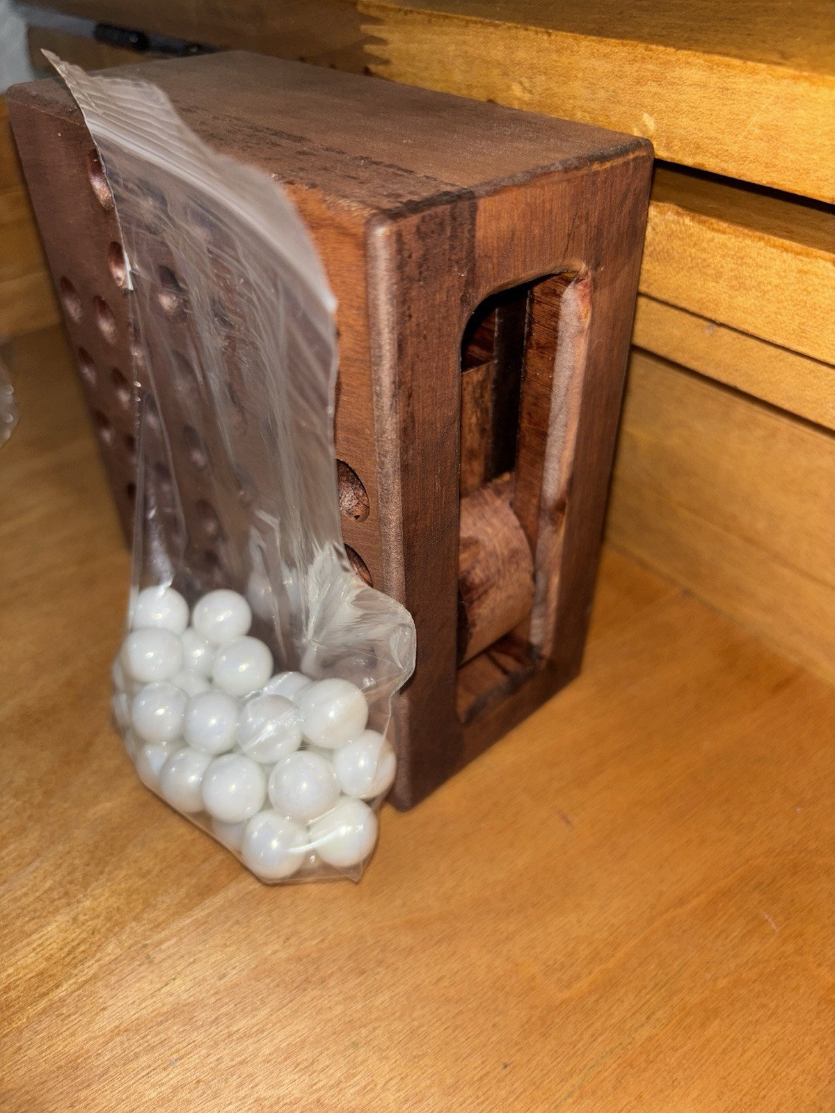 Vintage Handmade Marble Solitaire Game Solid Wood Board White Glass Marbles