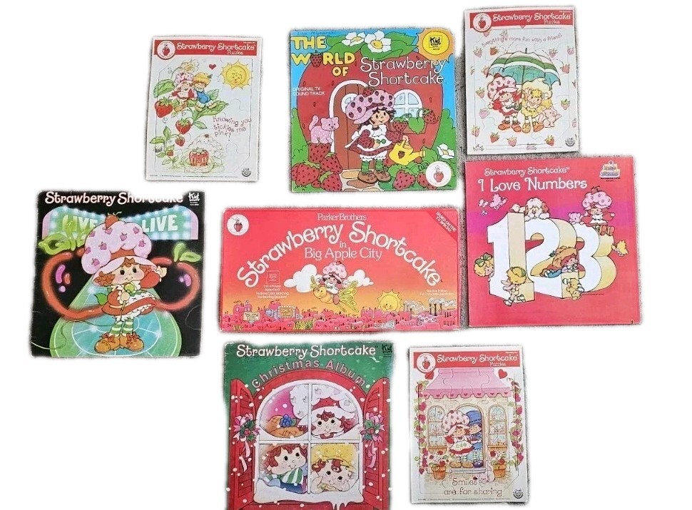 Vintage Strawberry Shortcake Lot- Board Game, 3 Puzzles & 4 Vinyl Records
