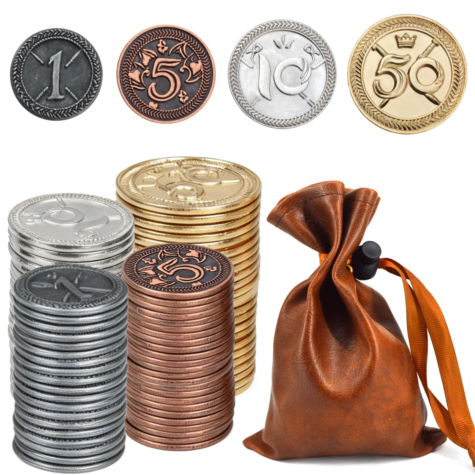 Metal Coin Set with Leather Organizer for Board Games, Dragons and Dungeons, …