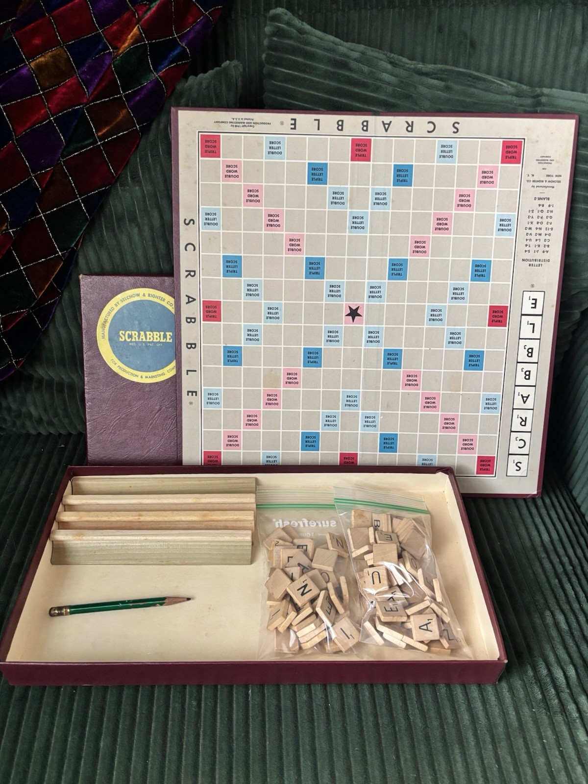 Vintage 1953 Scrabble Game Selchow & Righter Maroon Box Wood Tiles Complete