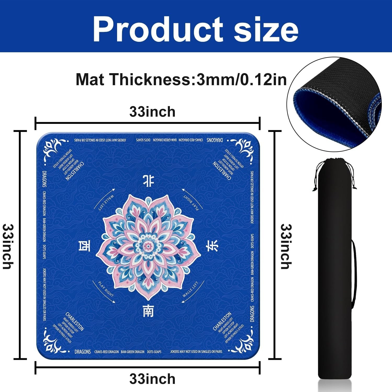 Mahjong Mat for Table 31.5″X31.5″ Rubber American Mahjong Mat with Rules, Non Sl
