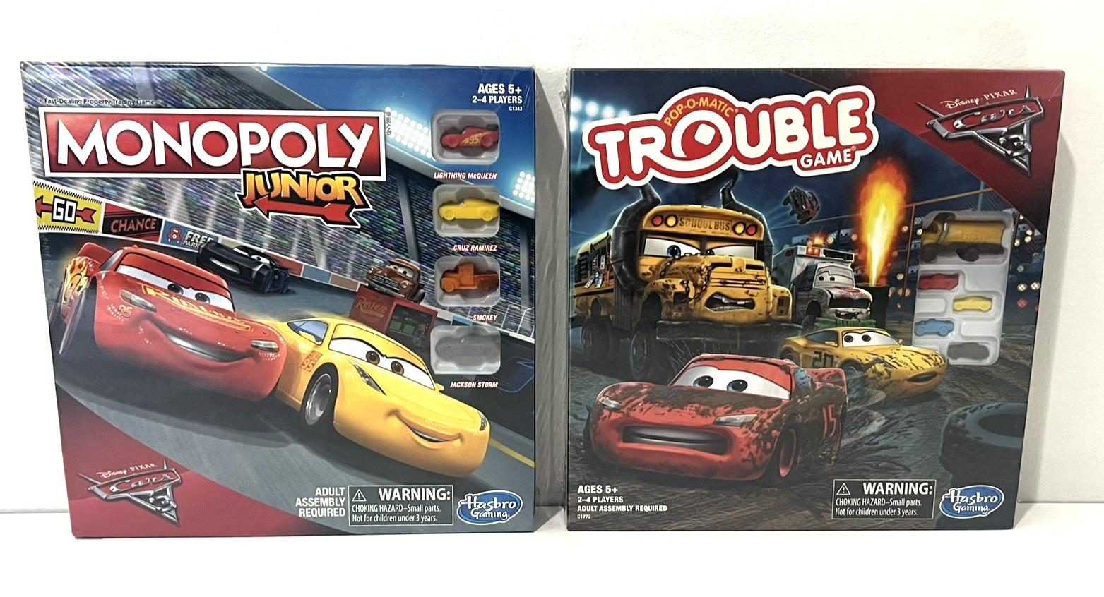 LOT OF 2 DISNEY PIXAR CARS 3 BOARD GAMES MONOPOLY JR &POP-O-MATIC TROUBLE HASBRO