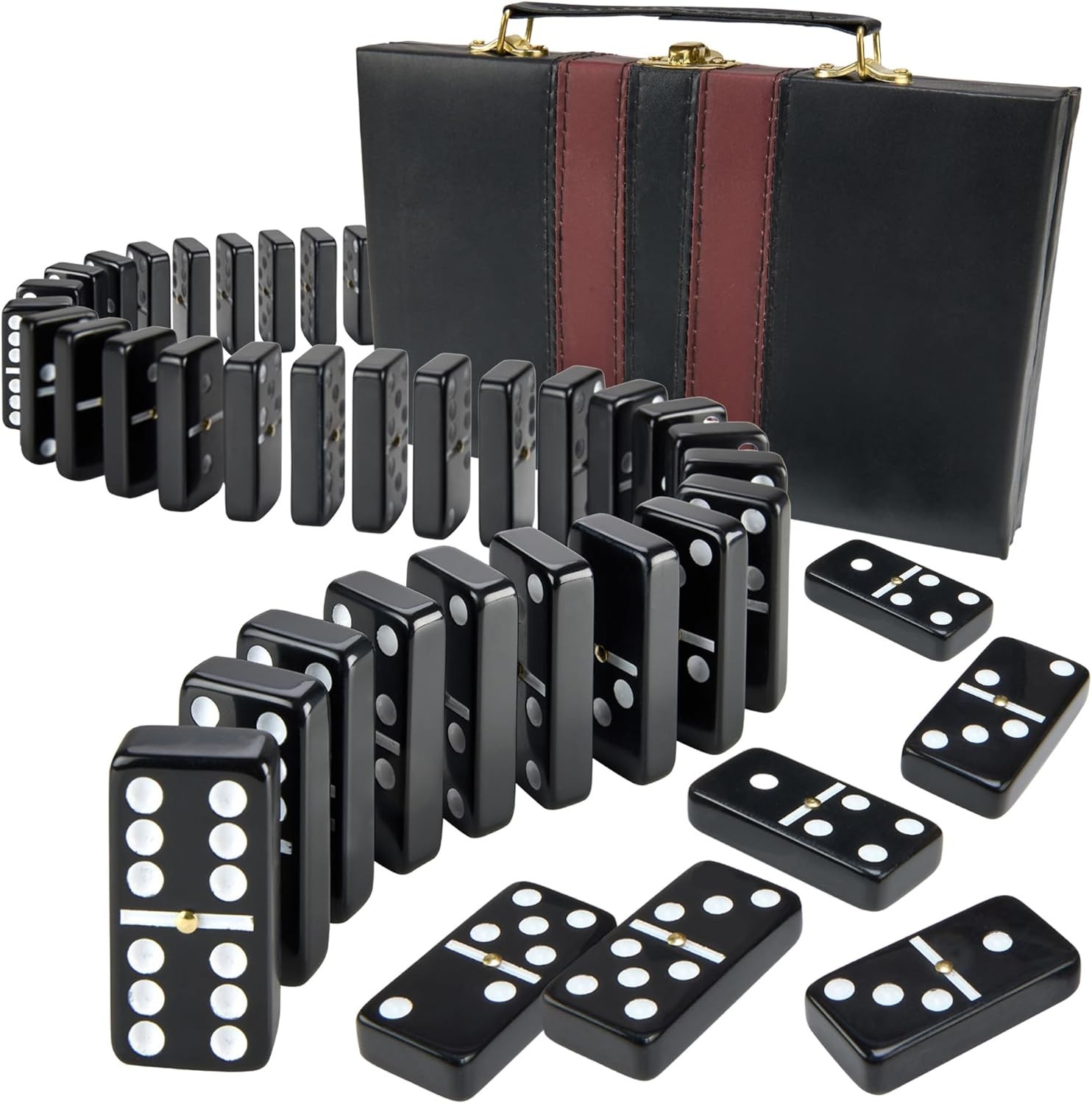 Jumbo Double Six Dominoes Set – 28 Black Classic Tiles in Faux Leather Case – Fu