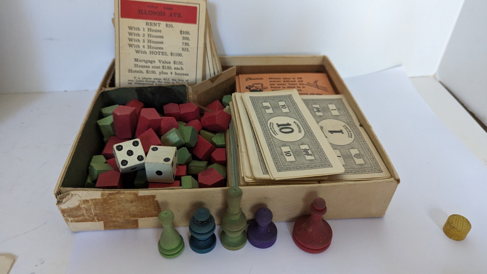 Monopoly 1930’s Blue Box Wood Houses & Hotel Wood Game Pieces Dice, Cards, Rules