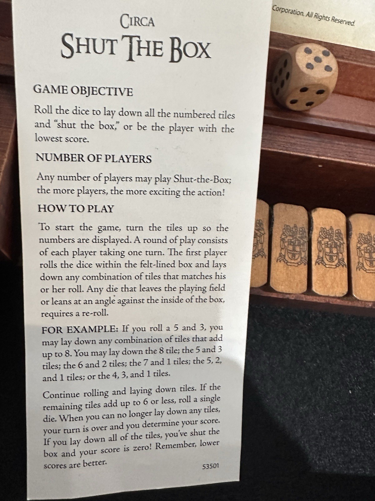 Line Etched Box Vintage Shut The Box Front Porch Board Game W/ Dice 2010