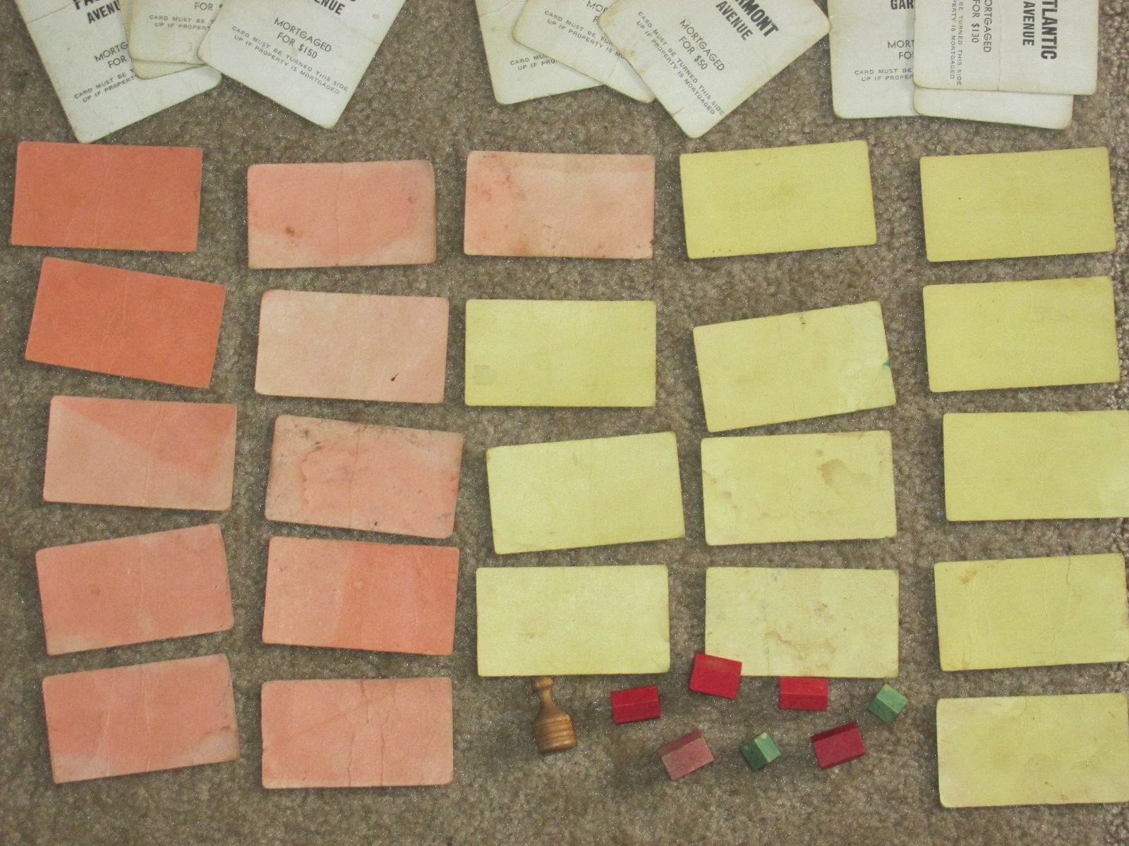 Vintage Monopoly Cards, 2 Wooden Tokens & 24 Wooden Buildings ~1950’s-60’s~Used