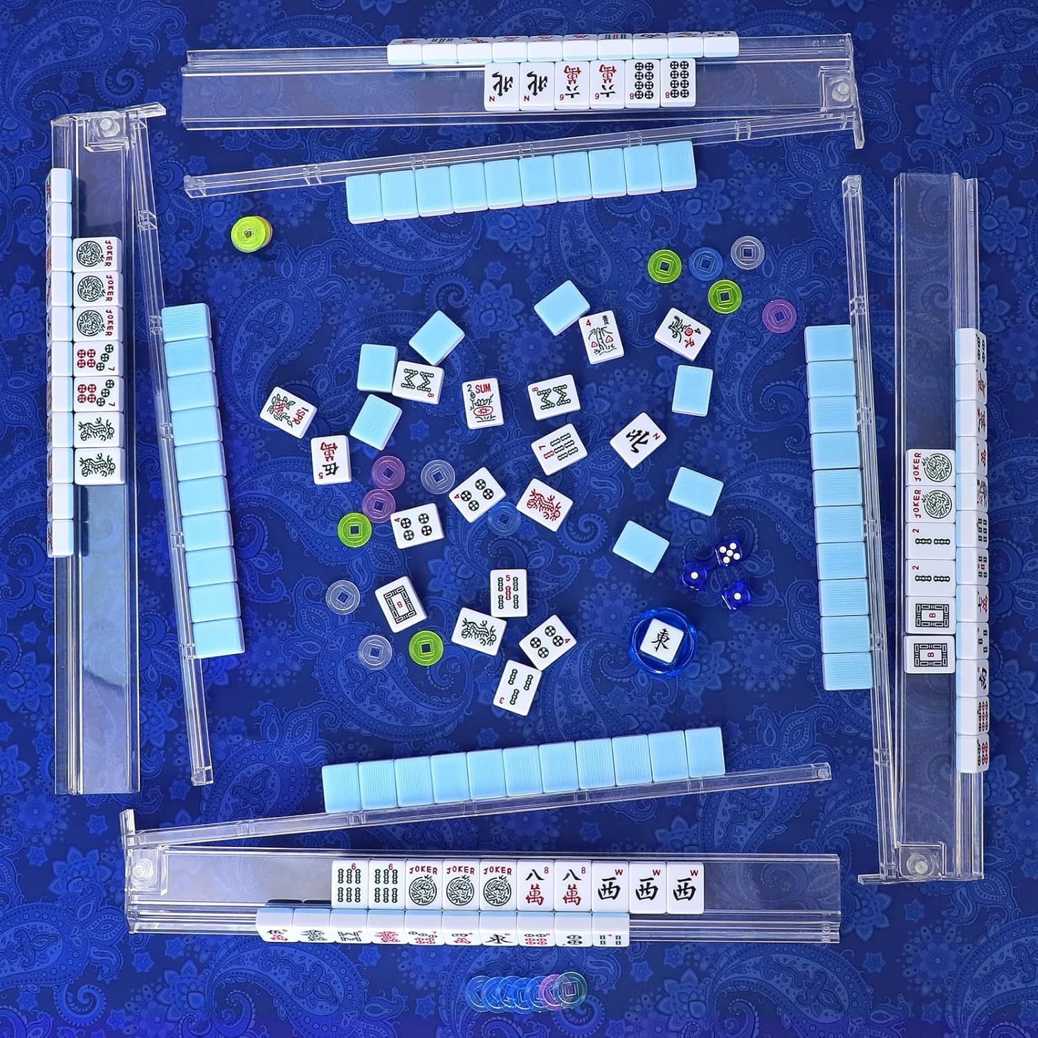 Complete American Mahjong Set with 166 Blue Tiles and Stylish Carrying Bag