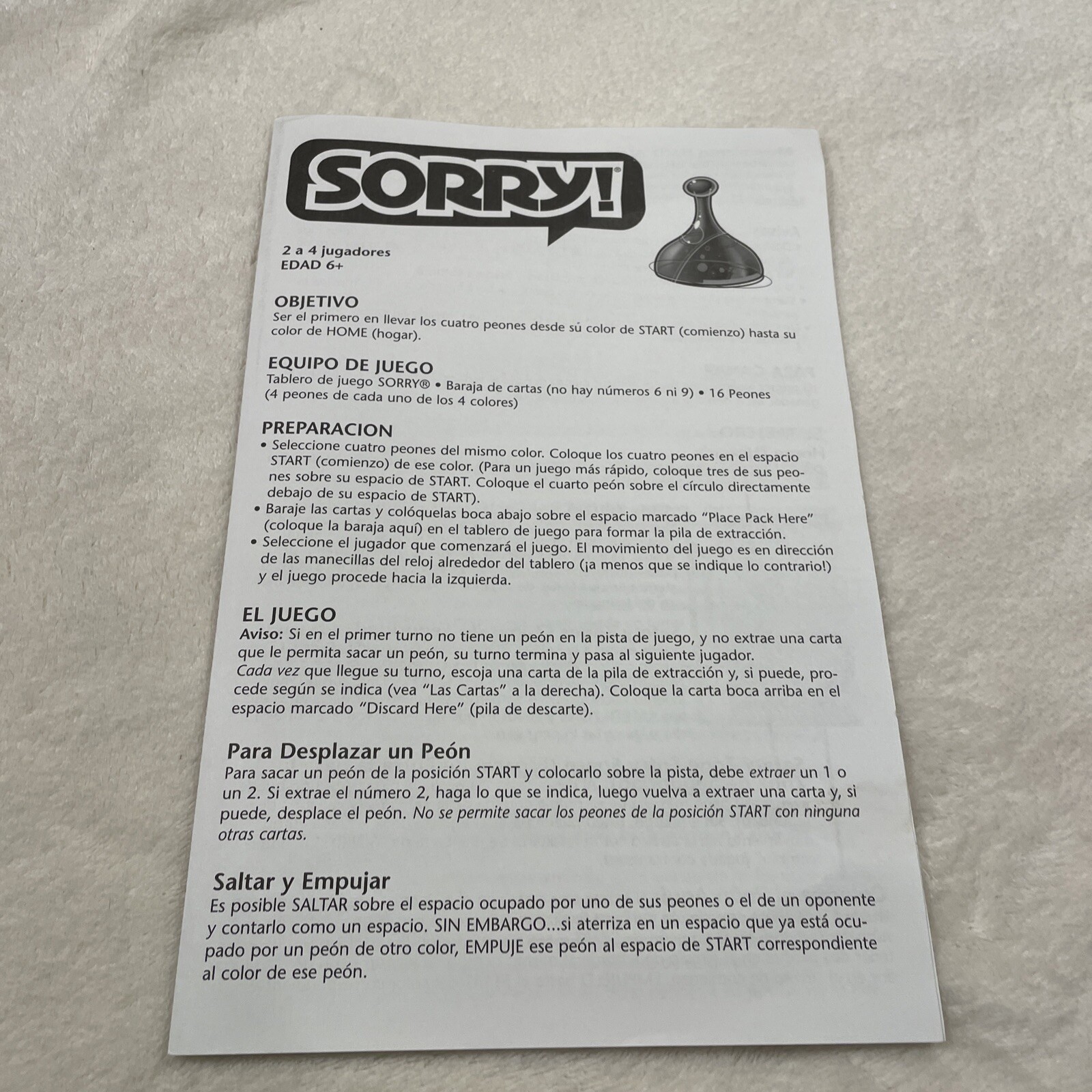 2005 Spanish Board Game Instruction Manual Replacement Part Only Hasbro