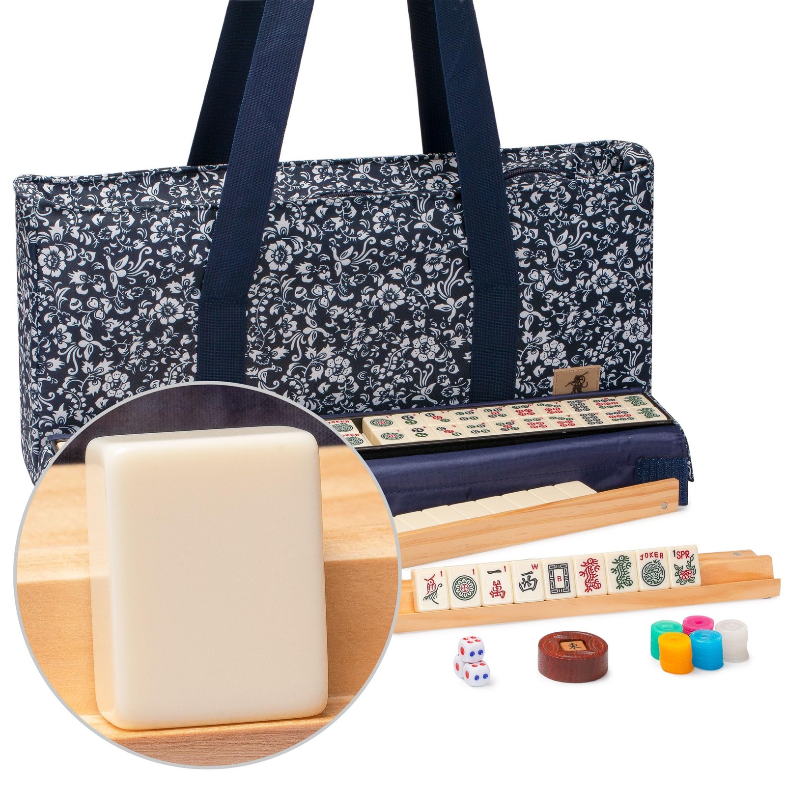 Yellow Mountain Imports American Mahjong Game Set, Blue Calico with Floral Blue