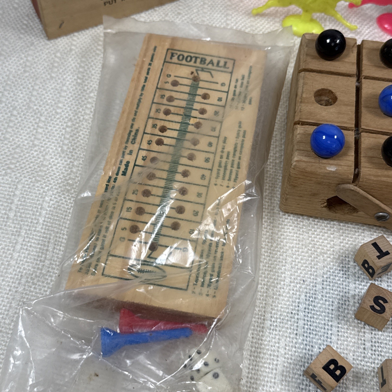 Vintage Wooden Small Game Lot Board Pieces Carrom Marble Football Jacks Yahtzee