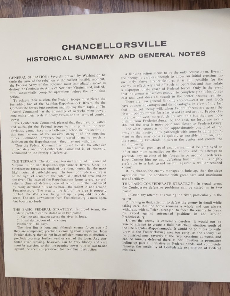 CHANCELLORSVILLE Civil War Battle Board Game, by Avalon Hill, 1961 1st Edition