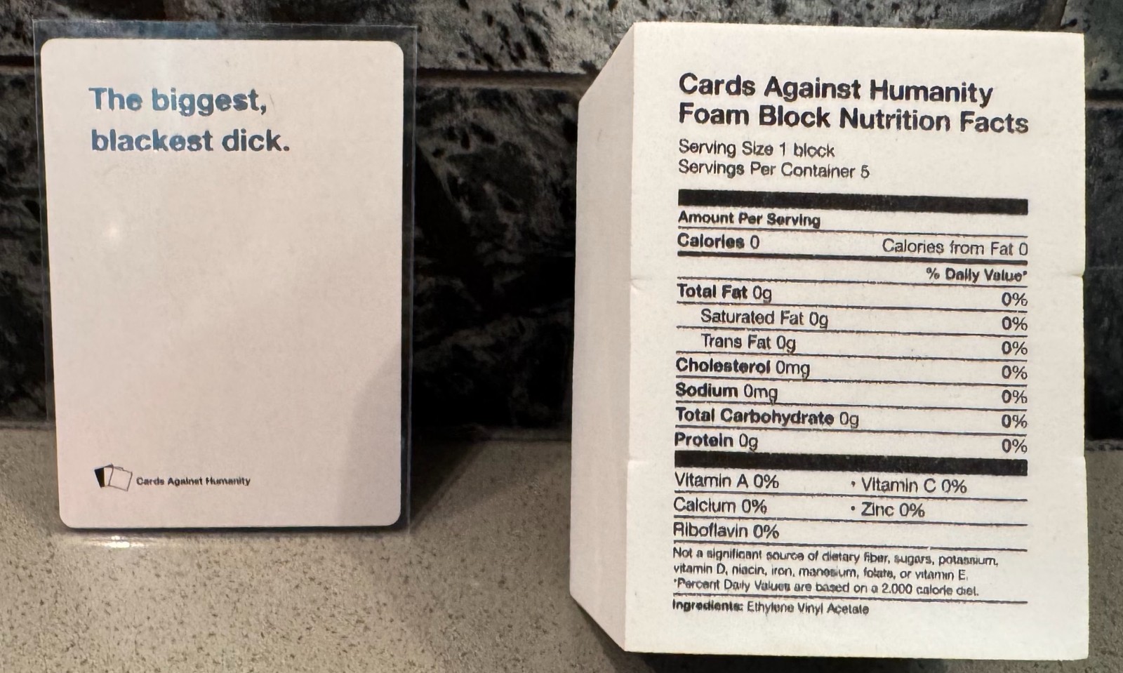 Cards Against Humanity “Biggest Blackest Dick” Card MINT w/ Nutrition Facts Foam