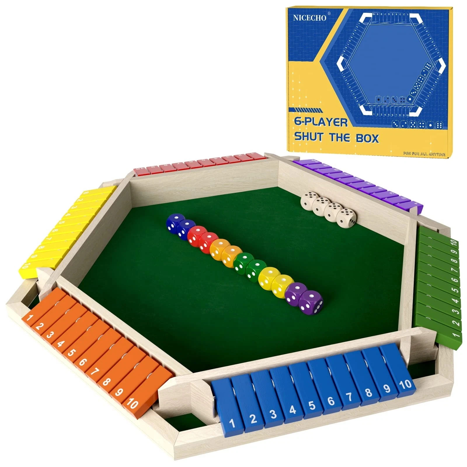 1-6 Players Shut The Box Dice Game, Wooden Board Table Math Game with 16 Dice…