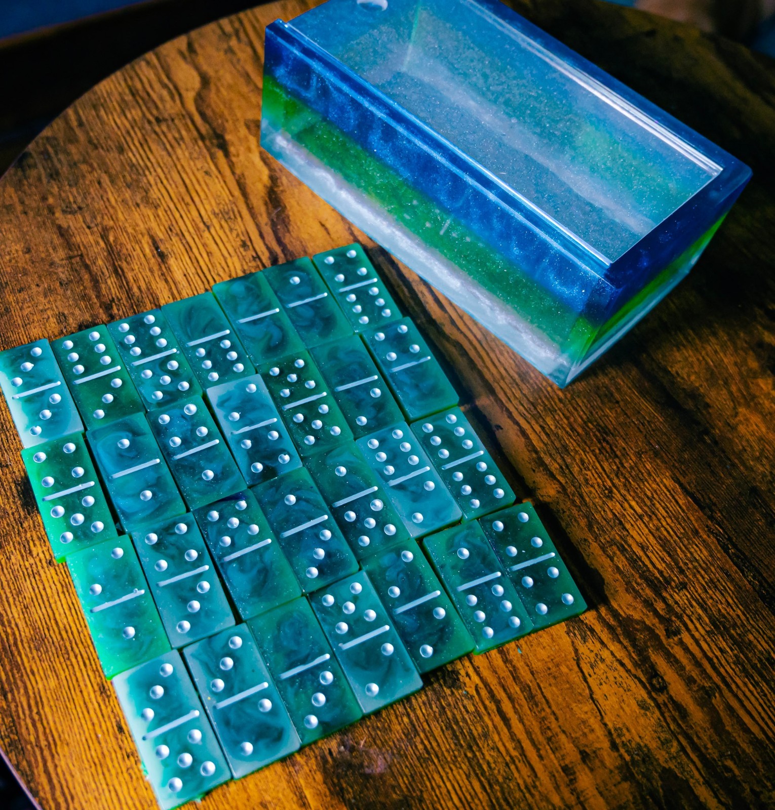 Handmade Resin Domino Set with Matching Storage Box Blue Green Swirl