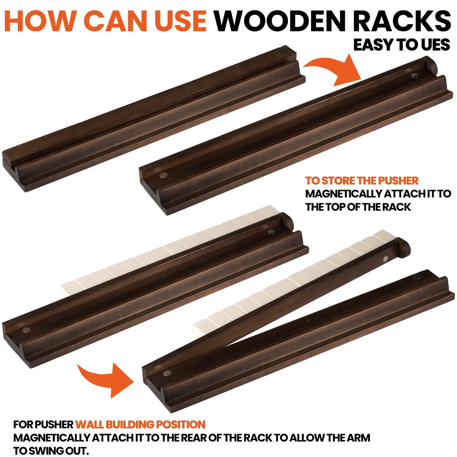 American Walnut Wood Mahjong Racks with Pushers, 4Pcs Mahjong Racks Set for Mahj